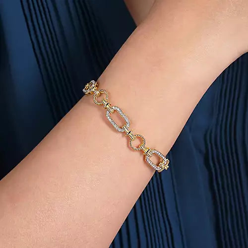 Gabriel & Co., 14K Yellow and White Gold Diamond Bracelet with Alternating Links