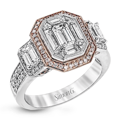 Simon G., 18K White and Rose Gold Emerald-Cut Halo Engagement With Diamonds