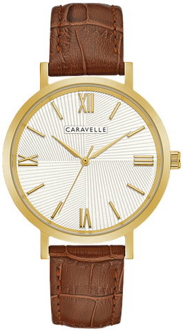 Caravelle Classic Gold Tone Brown Leather Strap Mens Watch