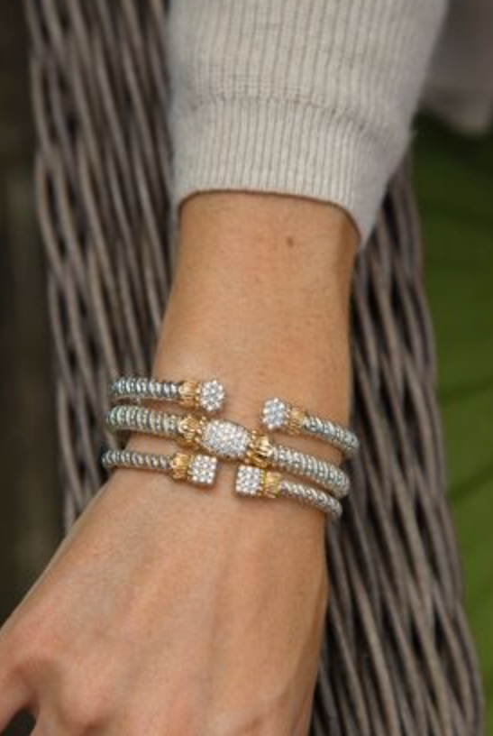 VAHAN 14K Yellow Gold, Diamond, and Sterling Silver 4mm Open Cuff Bracelet