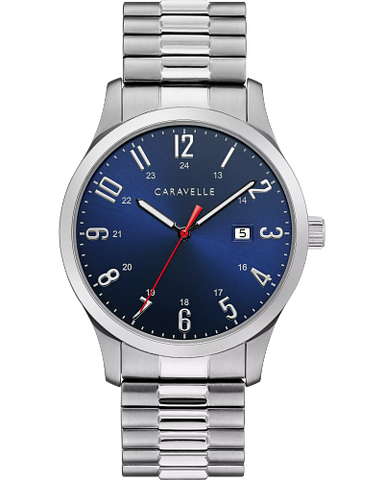 Caravelle Traditional Stainless Steel Blue Dial Stretch Band Mens Watch
