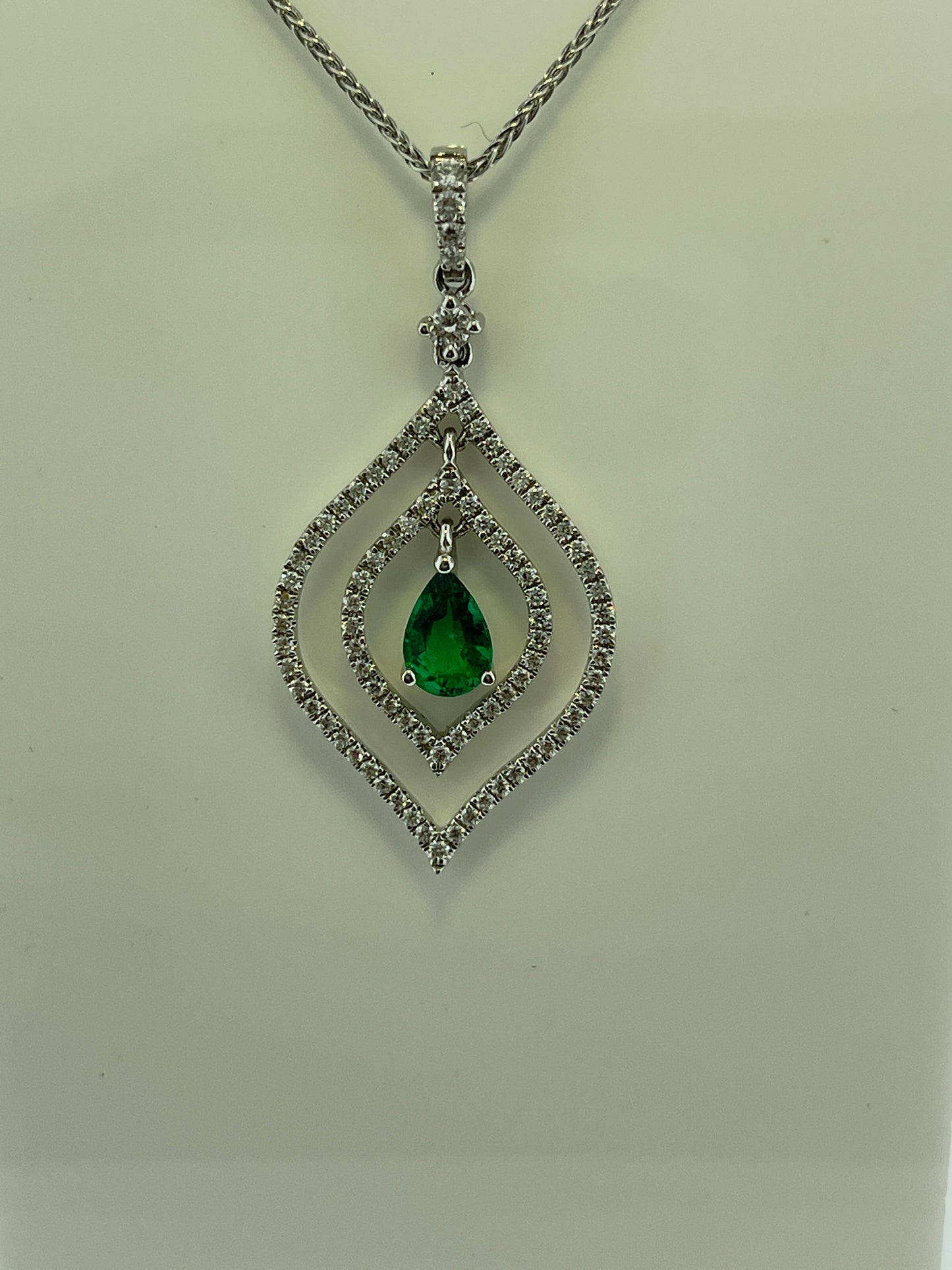 14K White Gold Emerald and Diamond Pendant