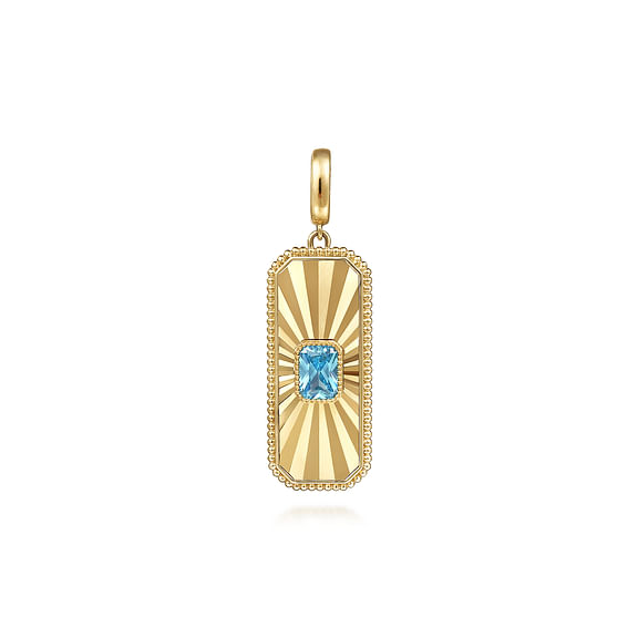 Gabriel & Co., 14K Yellow Gold Blue Topaz Bujukan Diamond Cut Medallion Pendant