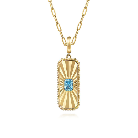 Gabriel & Co., 14K Yellow Gold Blue Topaz Bujukan Diamond Cut Medallion Pendant