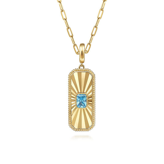 Gabriel & Co., 14K Yellow Gold Blue Topaz Bujukan Diamond Cut Medallion Pendant