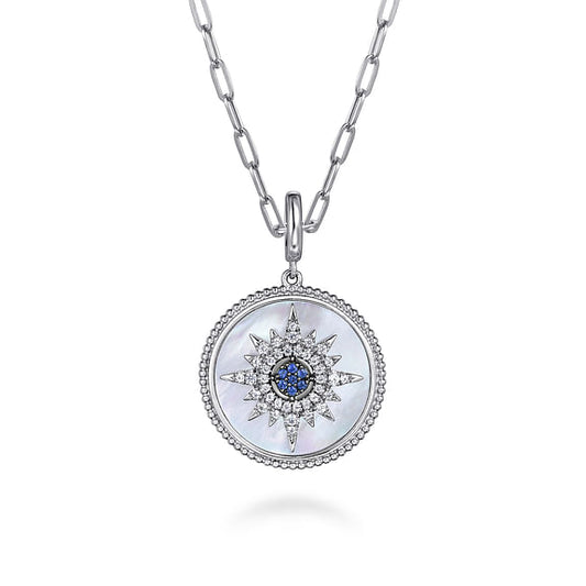 925 Sterling Gabriel & Co., PSilver Starburst Blue Sapphire and White Sapphire Bujukan Medallion Pendant in size 24mm