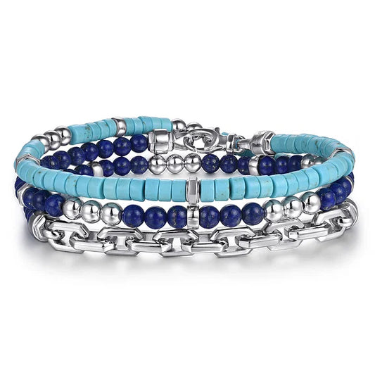 Gabriel & Co., 925 Sterling Silver Turquoise Cylinder Beads and Round Lapis and White Sapphire with Link Chain Bracelet