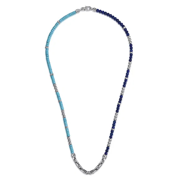 Gabriel & Co., 925 Sterling Silver Turquoise Cylinder Beads and Round Lapis and White Sapphire with Link Chain Bracelet