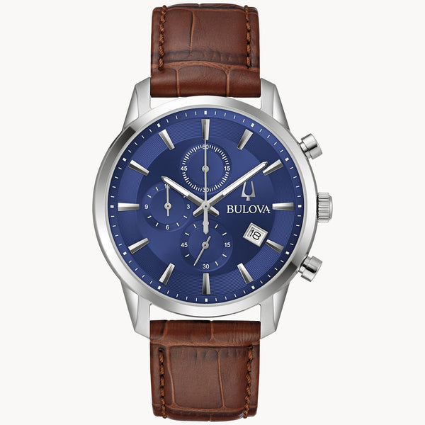 Bulova Sutton Blue Dial Brown Leather Strap Watch