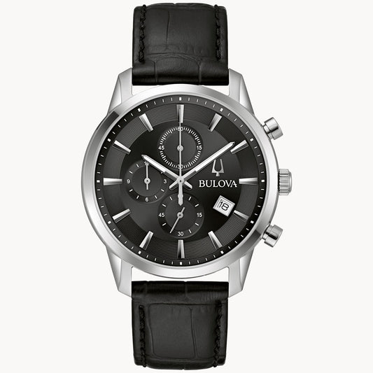 Bulova Men's Sutton Watch with Black Leather Strap and Black Dial