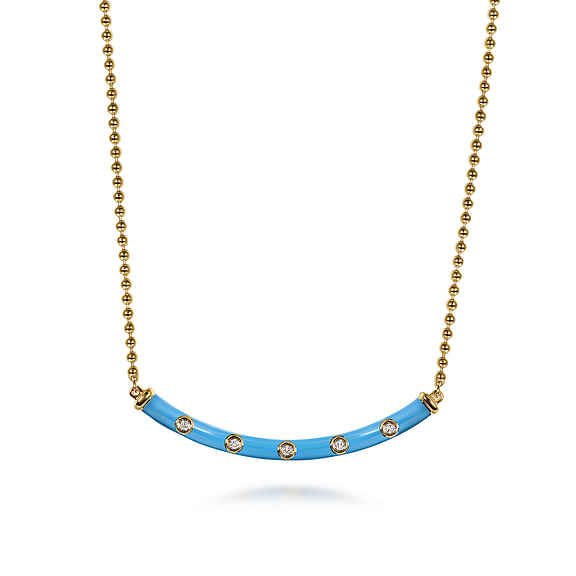 Gabriel & Co., Enamel - 14K Yellow Gold Diamond Bar Necklace with Sky Blue Enamel