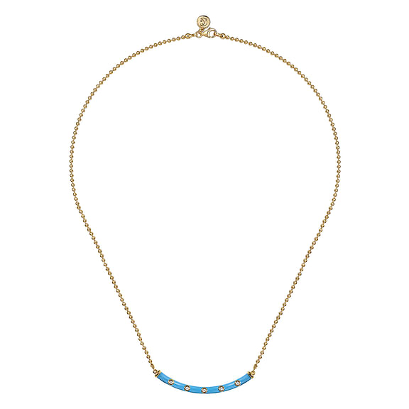 Gabriel & Co., Enamel - 14K Yellow Gold Diamond Bar Necklace with Sky Blue Enamel