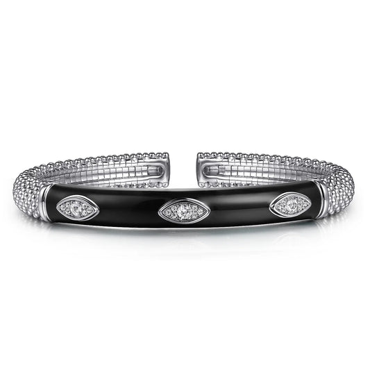 Gabriel & Co., 925 Sterling Silver Bujukan White Sapphire Split Bangle Bracelet with Black Enamel