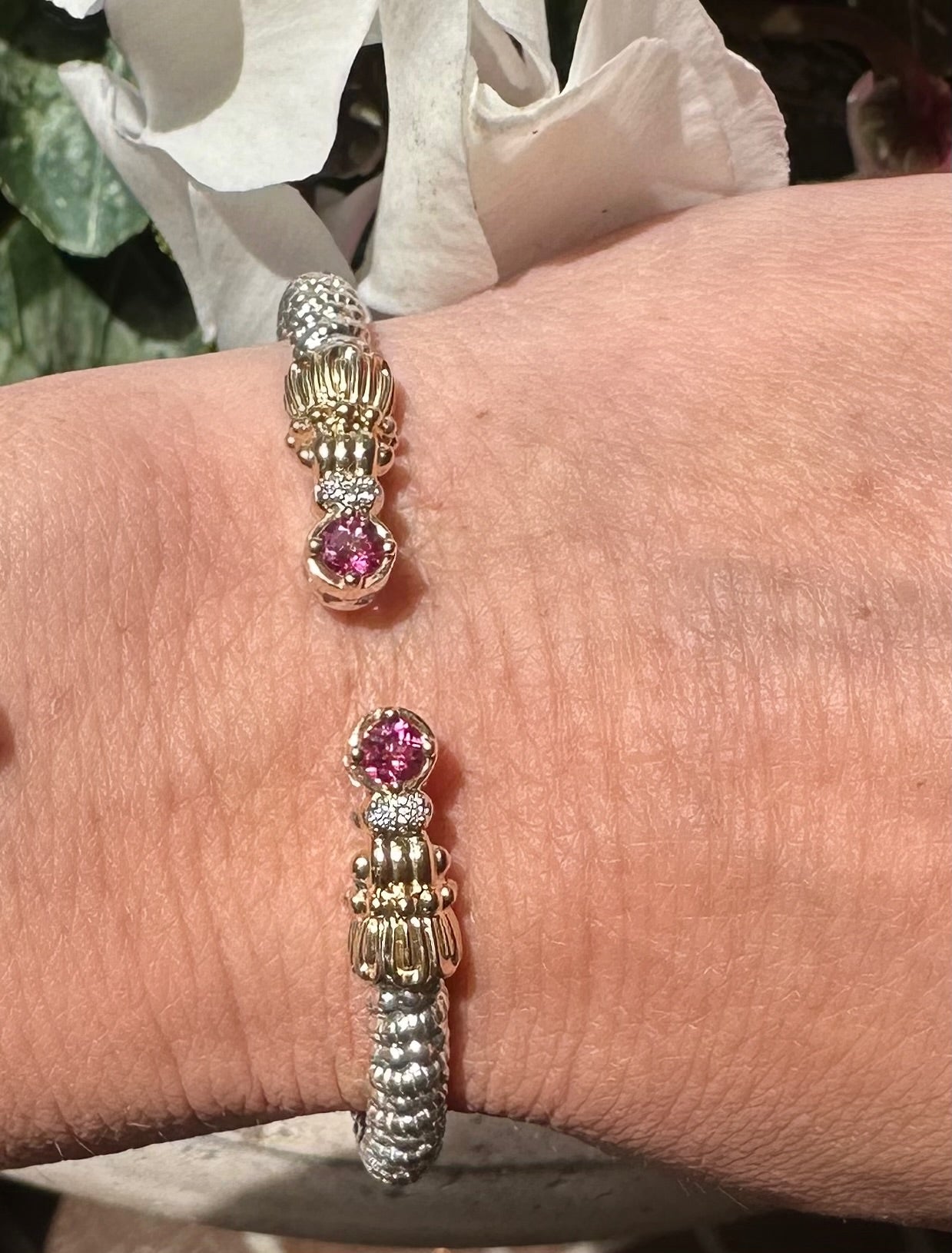 VAHAN 14K Gold and Sterling Silver, London Pink Topaz and Diamond Stackable Cuff Bracelet