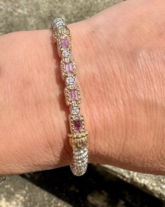VAHAN 14K Gold and Sterling Silver, Pink Sapphire and Diamond Stackable Bracelet