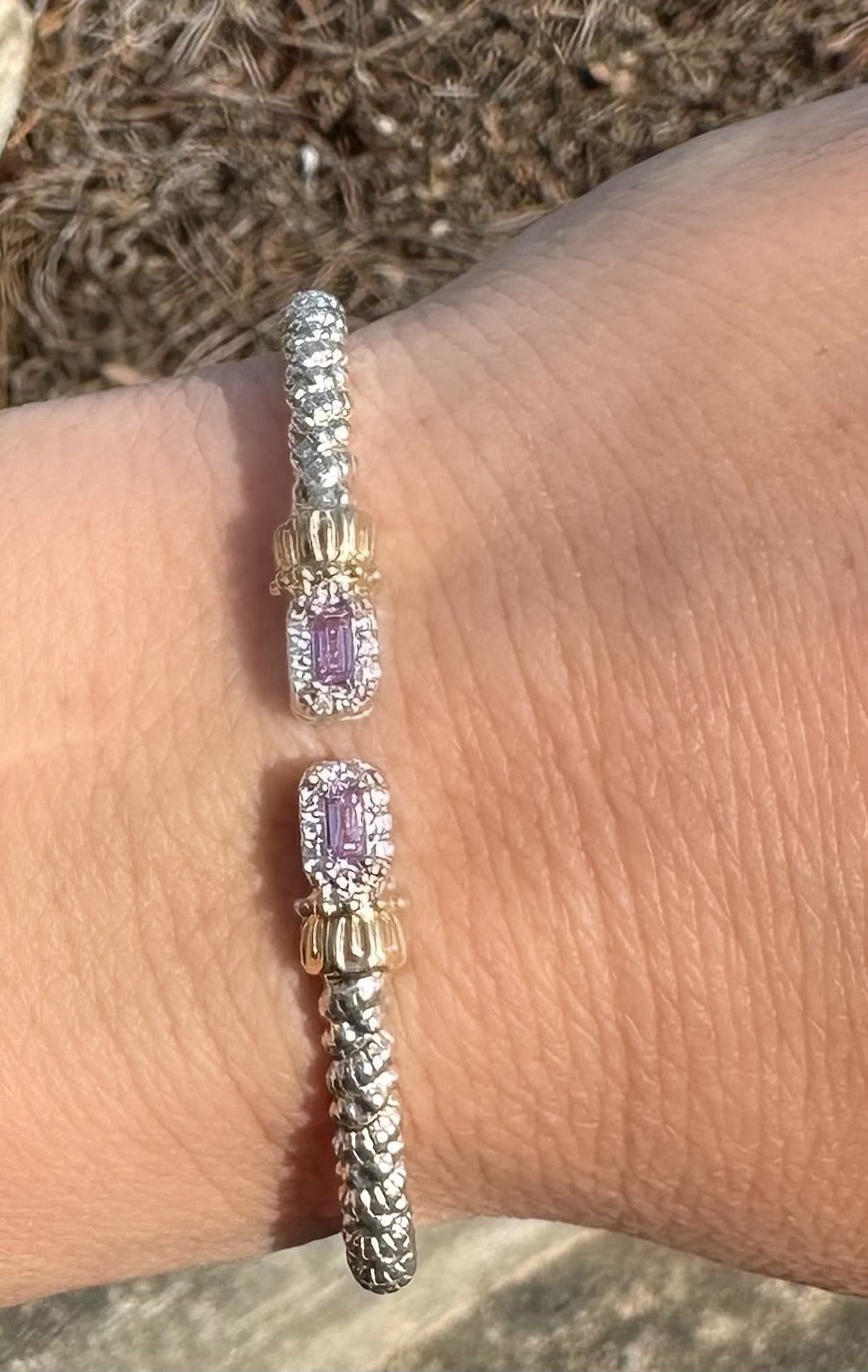 VAHAN 14K Gold and Sterling Silver, Pink Sapphire and Diamond Stackable Cuff Bracelet