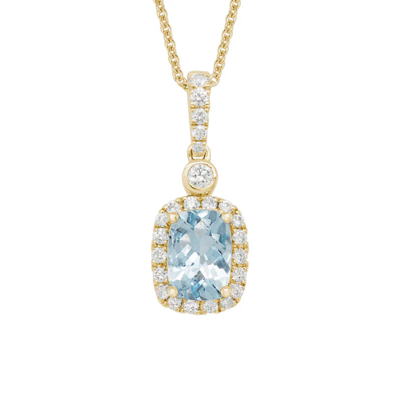 Artistry 14K Yellow Gold, Cushion Cut Aquamarine and Diamond Pendant with Chain