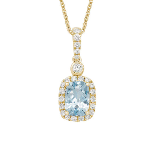 Artistry 14K Yellow Gold, Cushion Cut Aquamarine and Diamond Pendant with Chain