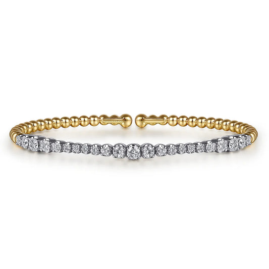 Gabriel & Co., 14K White & Yellow Gold Bujukan Beads and Graduating Diamond Split Bangle Bracelet