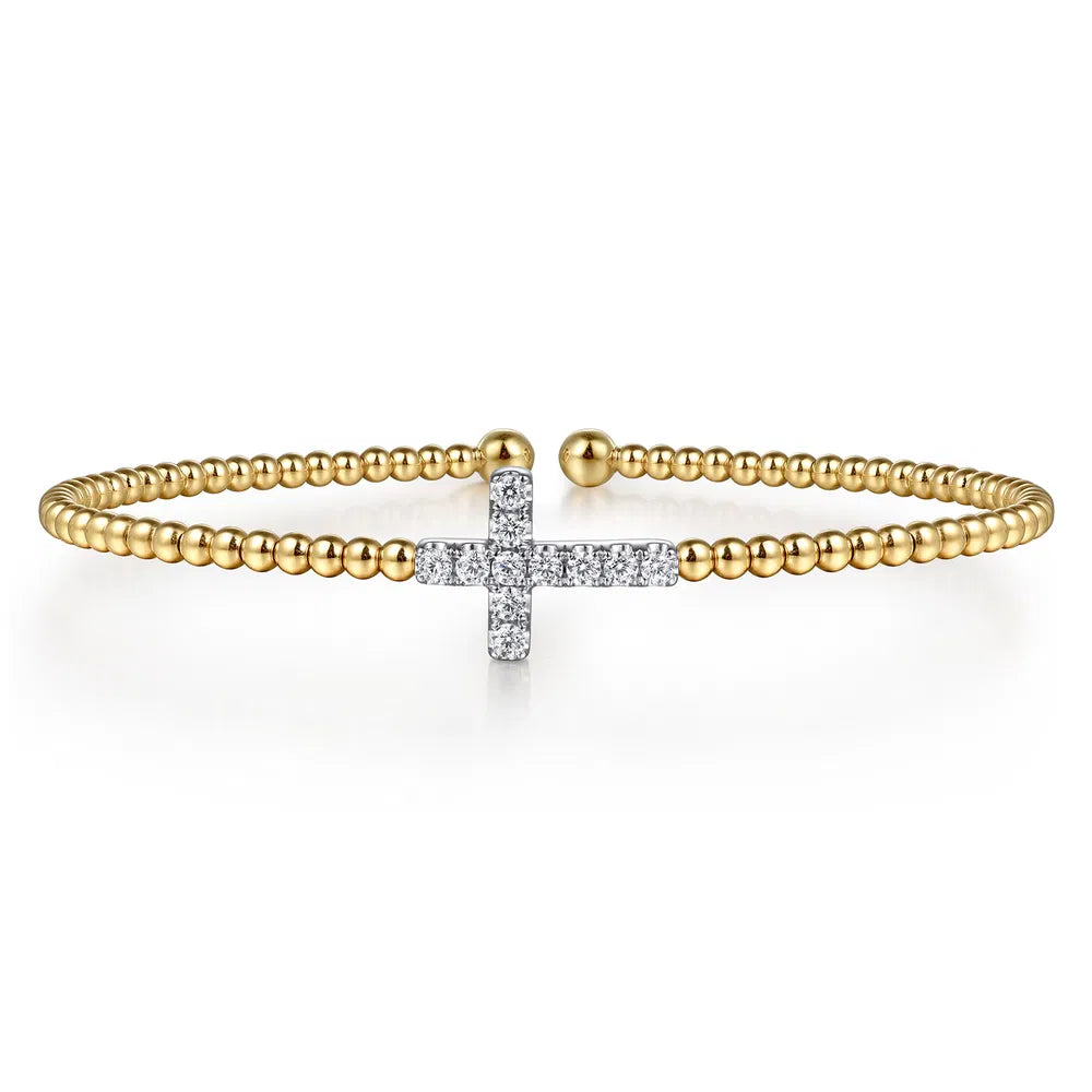 Gabriel & Co., 14K White & Yellow Gold Bujukan and Diamond Cross Split Bangle Bracelet