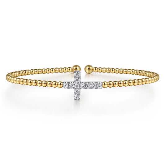 Gabriel & Co., 14K White & Yellow Gold Bujukan and Diamond Cross Split Bangle Bracelet