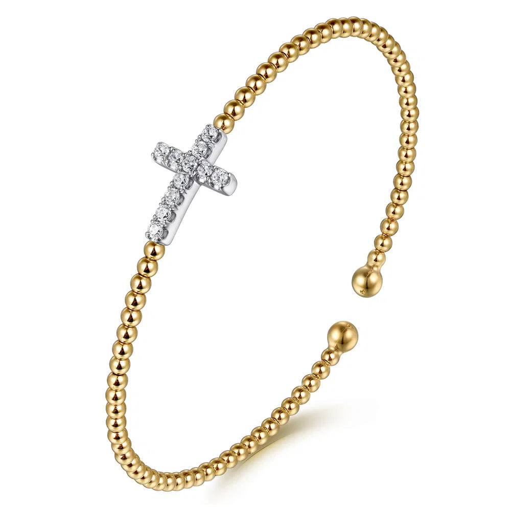 Gabriel & Co., 14K White & Yellow Gold Bujukan and Diamond Cross Split Bangle Bracelet