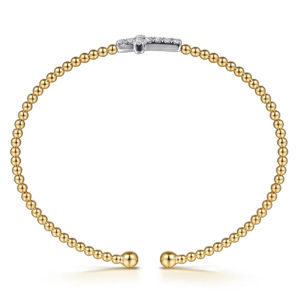 Gabriel & Co., 14K White & Yellow Gold Bujukan and Diamond Cross Split Bangle Bracelet