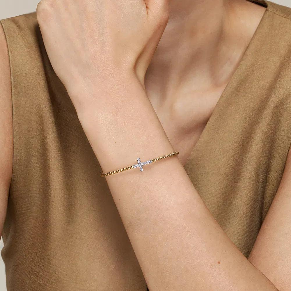 Gabriel & Co., 14K White & Yellow Gold Bujukan and Diamond Cross Split Bangle Bracelet