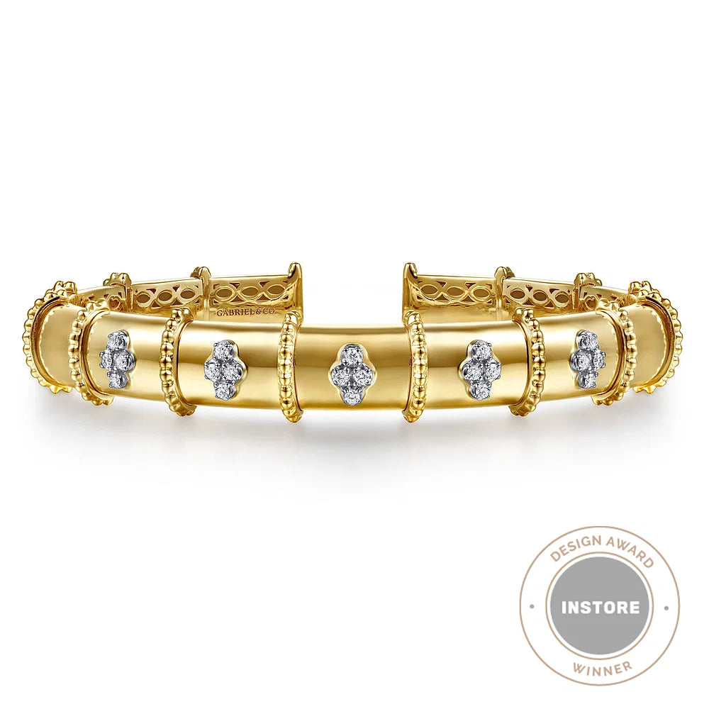 Gabriel & Co., 14K White & Yellow Gold Bujukan and Diamond Split Bangle Bracelet