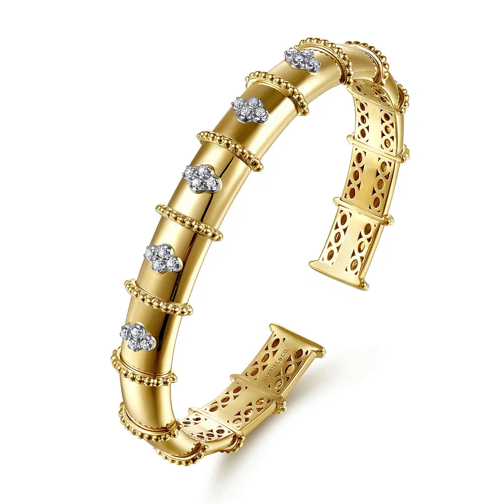 Gabriel & Co., 14K White & Yellow Gold Bujukan and Diamond Split Bangle Bracelet
