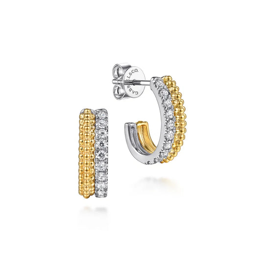 Gabriel & Co., 14K White & Yellow Gold Bujukan and Diamond Stacked J Hoop Earrings