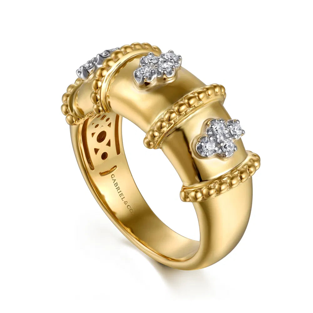 Gabriel & Co., 14K White & Yellow Gold Bujukan and Diamond Wide Band Ring
