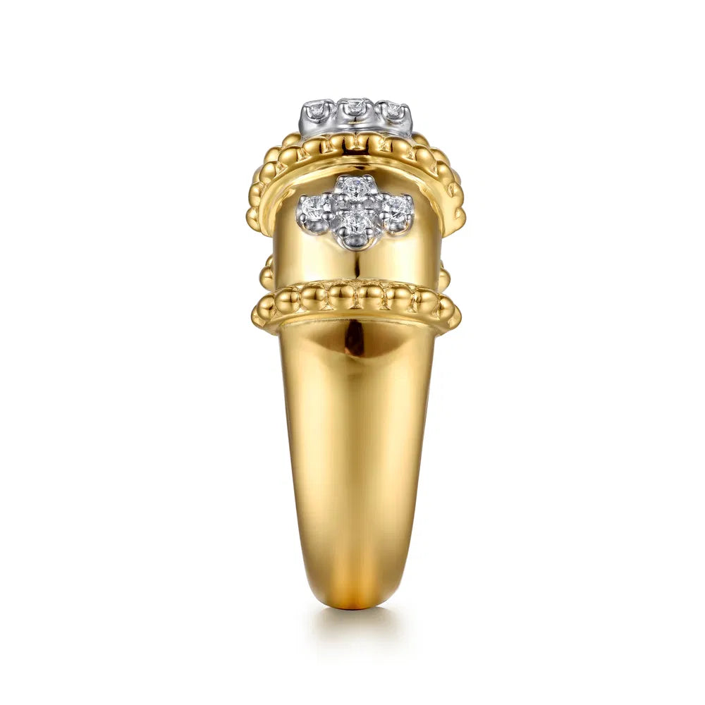 Gabriel & Co., 14K White & Yellow Gold Bujukan and Diamond Wide Band Ring