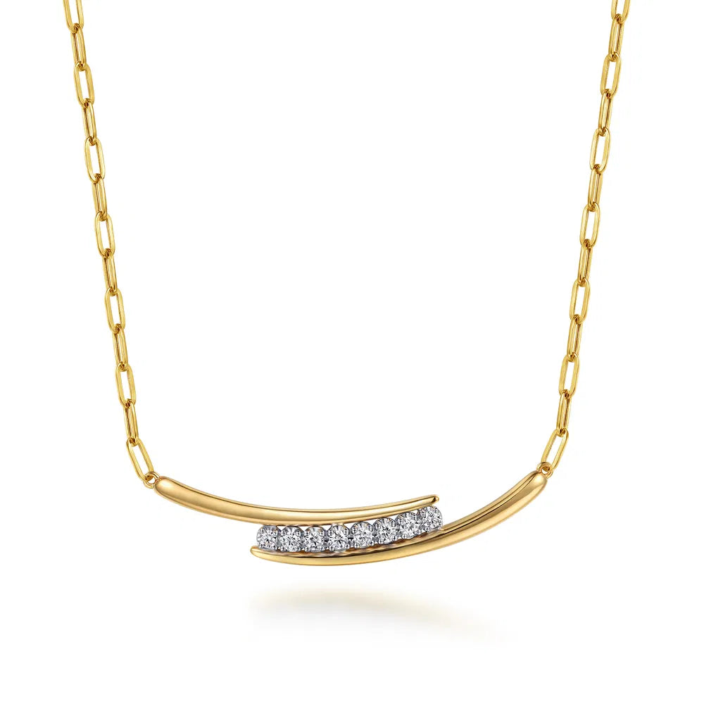 Gabriel & Co., 14K White & Yellow Gold Diamond Bar Necklace With Hollow Paperclip Chain