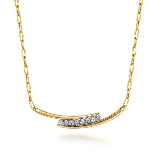 Gabriel & Co., 14K White & Yellow Gold Diamond Bar Necklace With Hollow Paperclip Chain