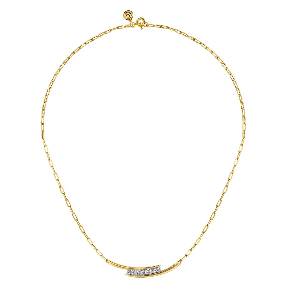 Gabriel & Co., 14K White & Yellow Gold Diamond Bar Necklace With Hollow Paperclip Chain