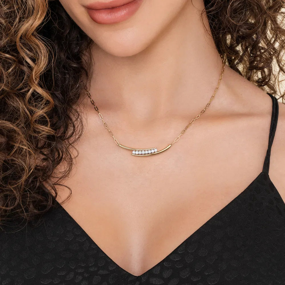 Gabriel & Co., 14K White & Yellow Gold Diamond Bar Necklace With Hollow Paperclip Chain