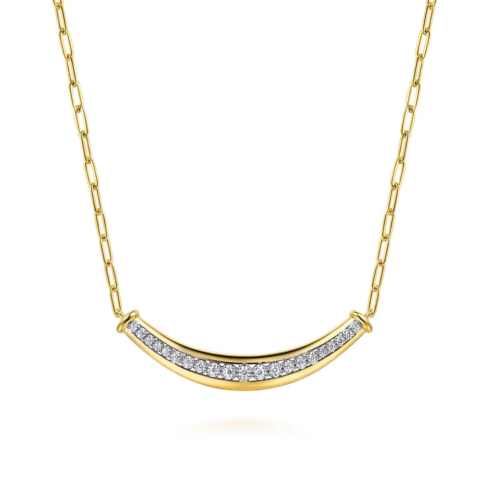 Gabriel & Co., 14K White & Yellow Gold Diamond Bar Necklace With Hollow Paperclip Chain