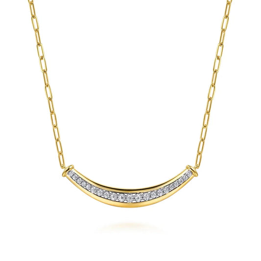 Gabriel & Co., 14K White & Yellow Gold Diamond Bar Necklace With Hollow Paperclip Chain