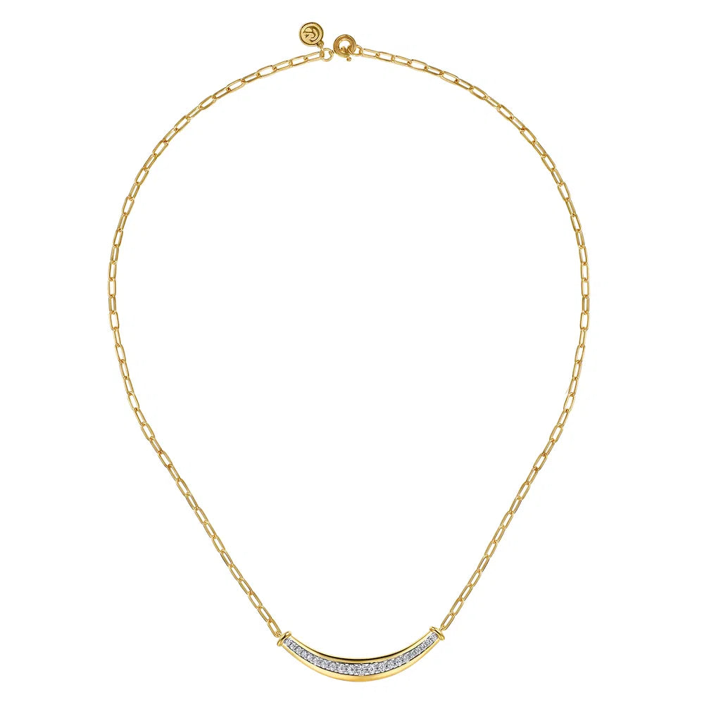 Gabriel & Co., 14K White & Yellow Gold Diamond Bar Necklace With Hollow Paperclip Chain