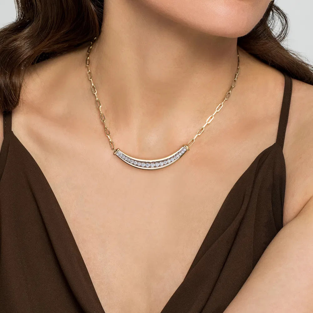 Gabriel & Co., 14K White & Yellow Gold Diamond Bar Necklace With Hollow Paperclip Chain