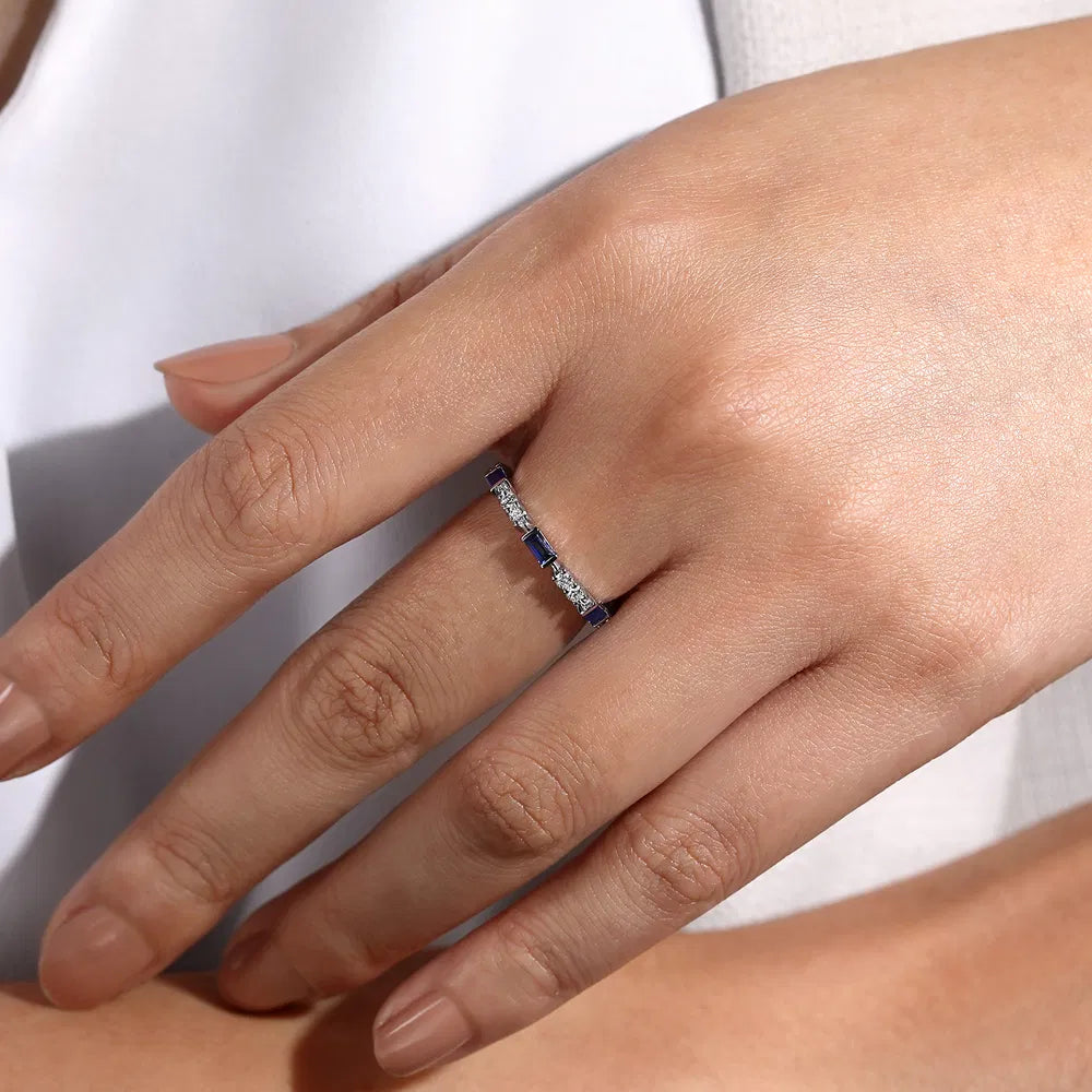 Gabriel & Co., 14K White Gold Alternating Sapphire Baguette and Diamond Ring