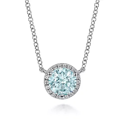 Gabriel & Co., 14K White Gold Round Aquamarine and Diamond Halo Pendant Necklace
