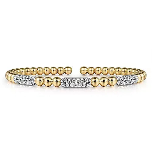 Gabriel & Co., 14K White and Yellow Gold Diamond Pave Three Station Bar Bujukan Beads Split Bangle