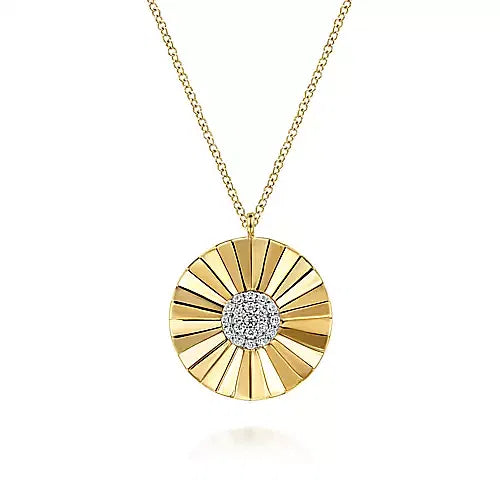 Gabriel & Co., 14K White and Yellow Gold Diamond Round Shape Necklace with Diamond Cut Texture