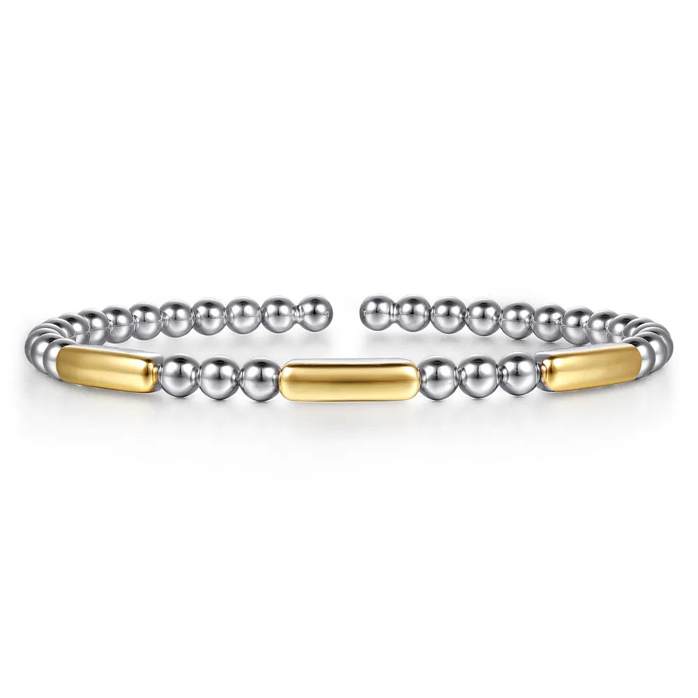 Gabriel & Co., 14K Yellow Gold And 925 Sterling Silver Three Station Bar Bujukan Bangle Bracelet