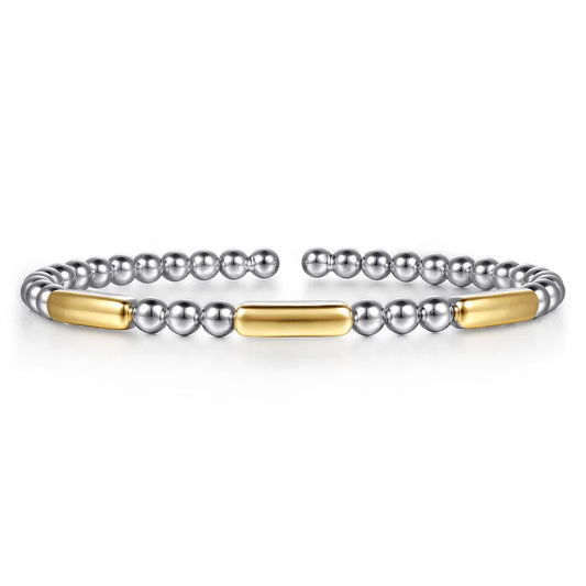 Gabriel & Co., 14K Yellow Gold And 925 Sterling Silver Three Station Bar Bujukan Bangle Bracelet