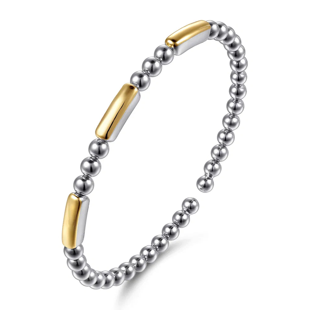 Gabriel & Co., 14K Yellow Gold And 925 Sterling Silver Three Station Bar Bujukan Bangle Bracelet