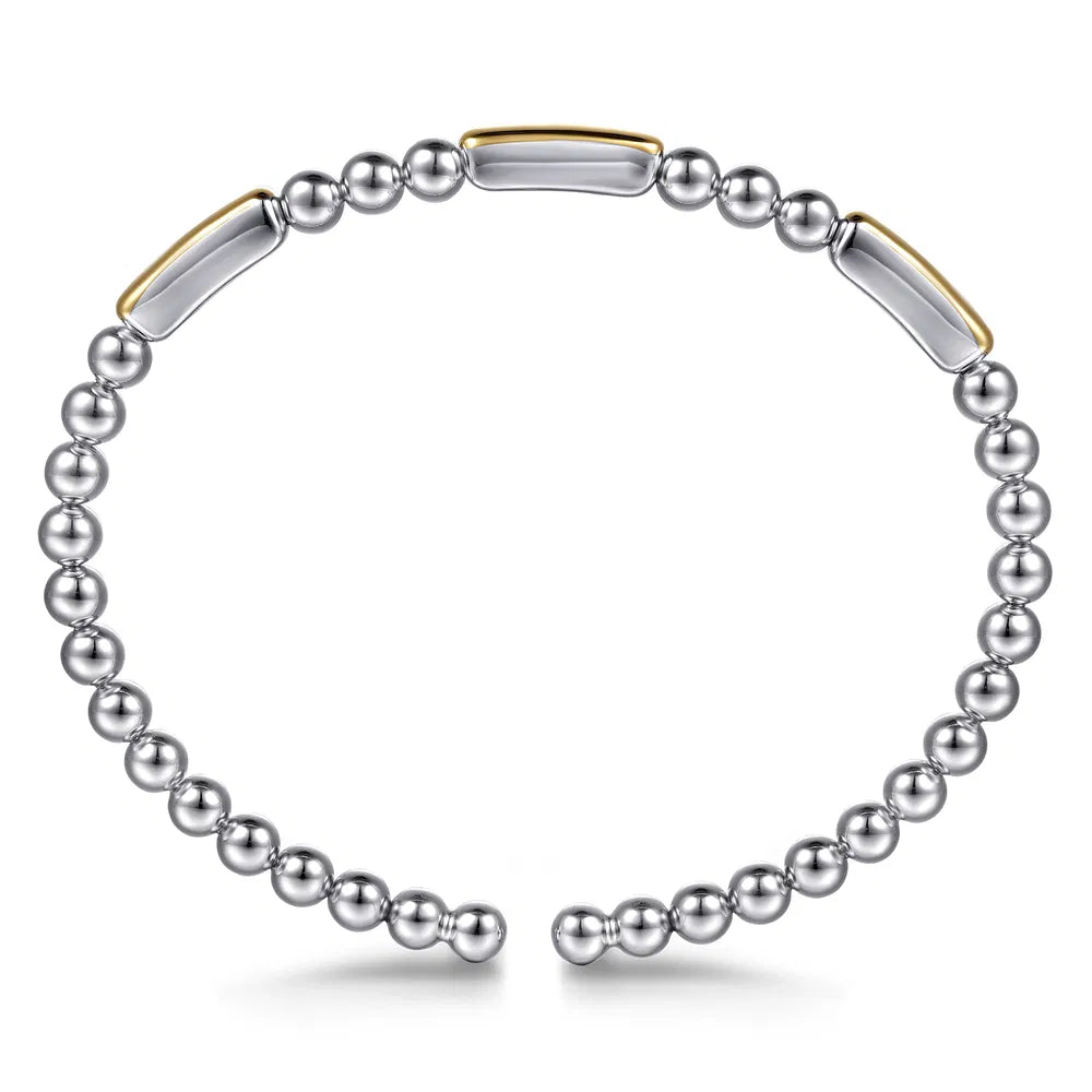 Gabriel & Co., 14K Yellow Gold And 925 Sterling Silver Three Station Bar Bujukan Bangle Bracelet