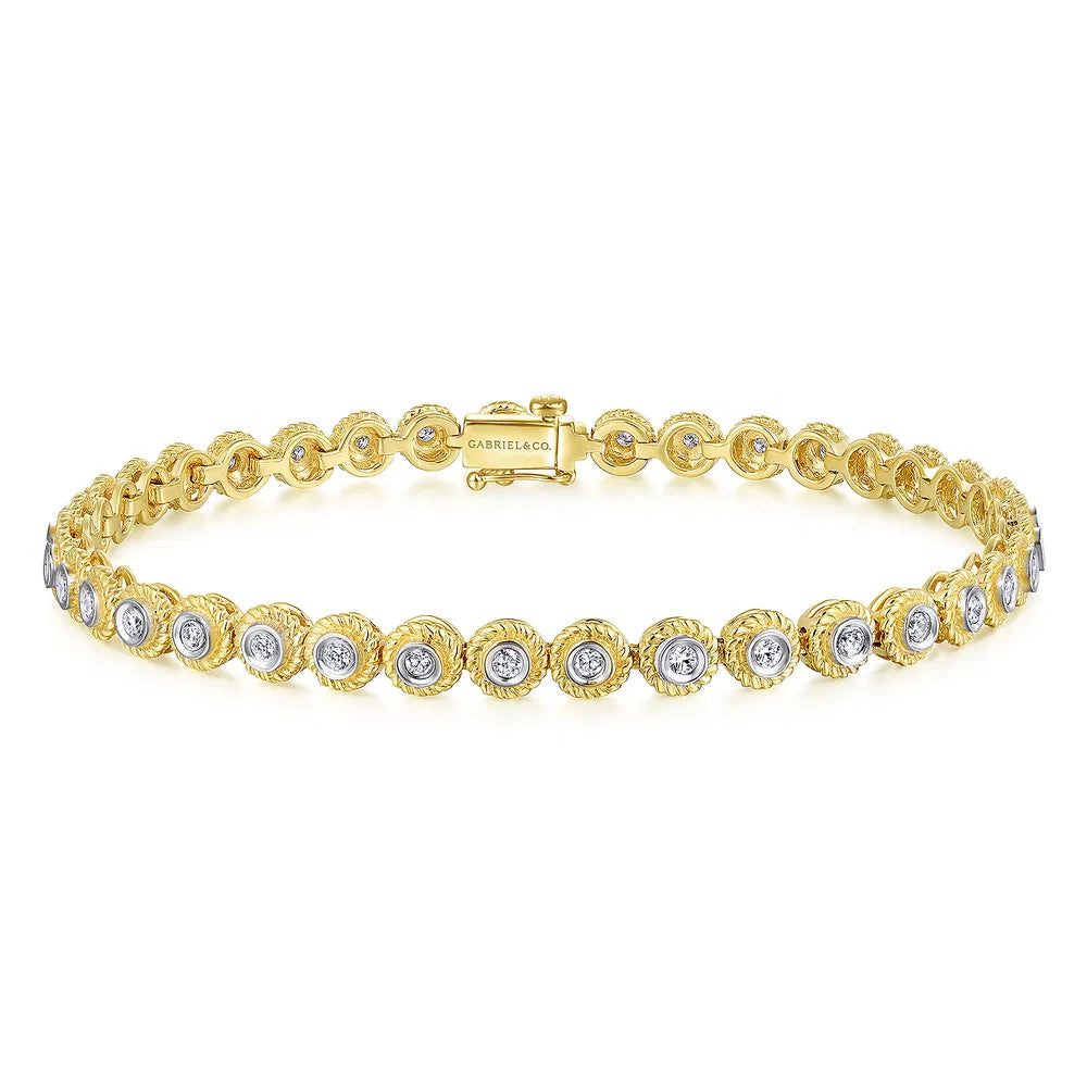 Gabriel & Co., 14K Yellow Gold Bezel Set Diamond Tennis Bracelet with Twisted Rope Frame